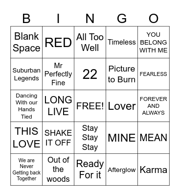 TAYLOR SWIFT SONGS Bingo Card