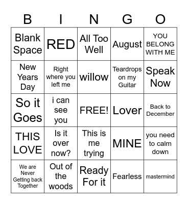 TAYLOR SWIFT SONGS Bingo Card