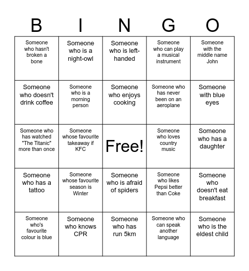 Get to know you Bingo Card