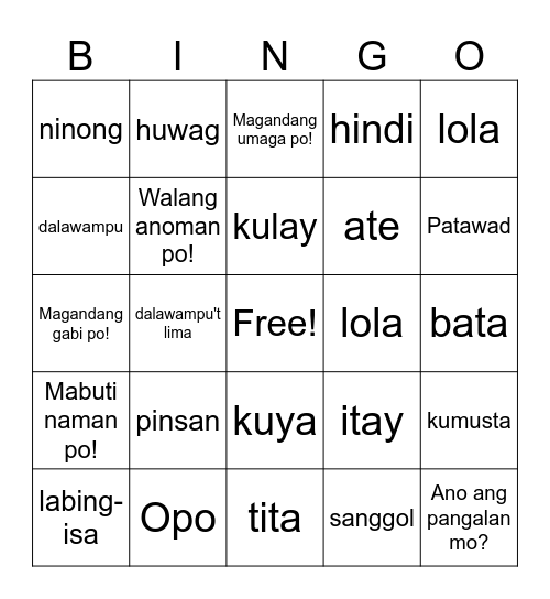 Filipino Bingo! Bingo Card