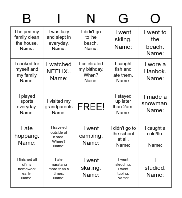 What Did You Do During Winter Vacation? Bingo Card