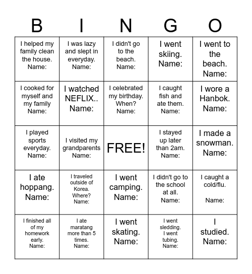 What Did You Do During Winter Vacation? Bingo Card