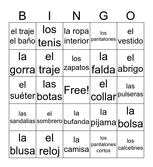 Spanish Clothing Bingo Card
