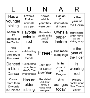 Virtual Lunar New Year Bingo! Bingo Card