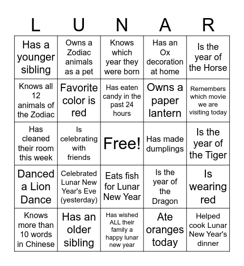 Virtual Lunar New Year Bingo! Bingo Card