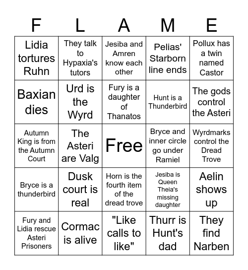 Flame and Shadow Bingo Card