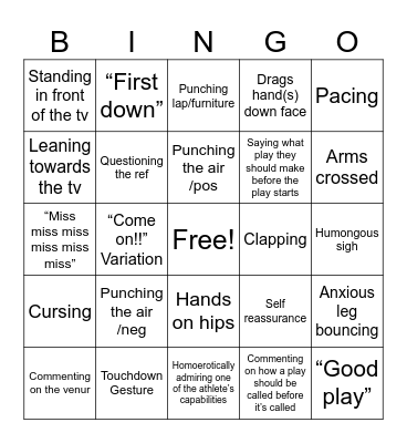 Riley Watching Football Bingo Card