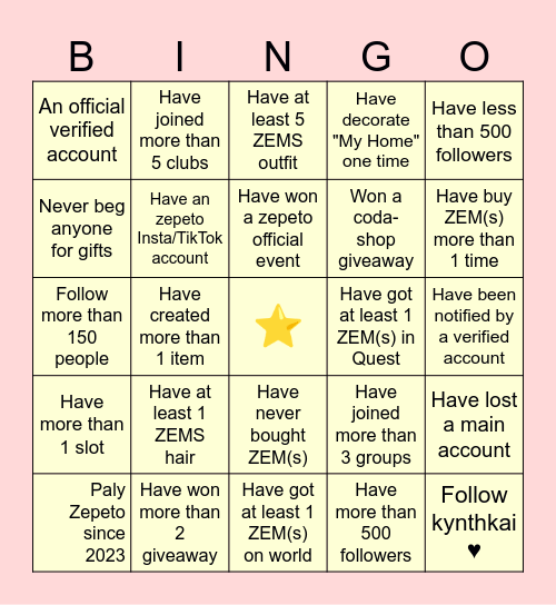 Zepeto Bingo Card