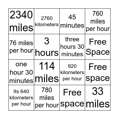 Speed. Distance. Time.  Bingo Card