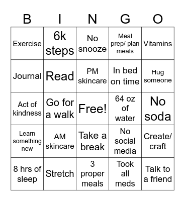 Daily Wellness Bingo Card