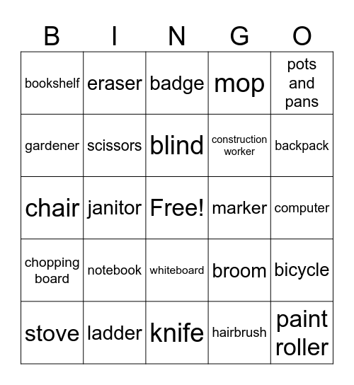 Choose the word from the picture Bingo Card
