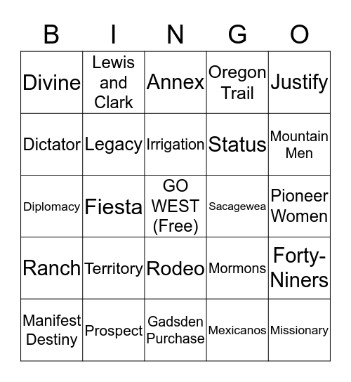 Manifest Destiny Vocab Bingo Card