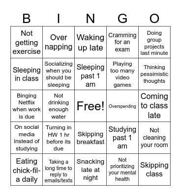 BAD HABITS BINGO Card