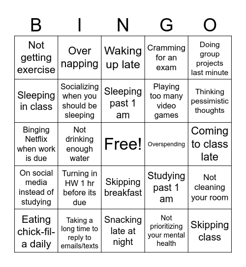 BAD HABITS BINGO Card