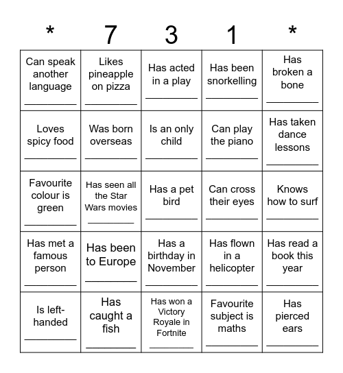 Class Bingo Card