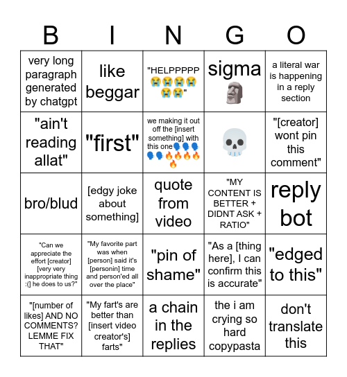 Average YouTube Comment Section Bingo Card