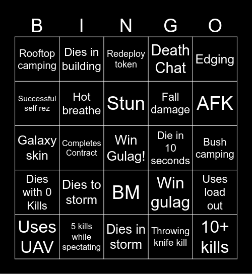 Garbage Guarduab Warzone Bingur Bingo Card