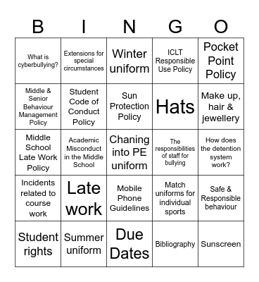 St Peter's Girls Bingo Policy Bingo Card