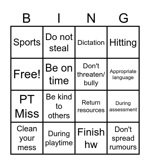 Integrity Bingo Card