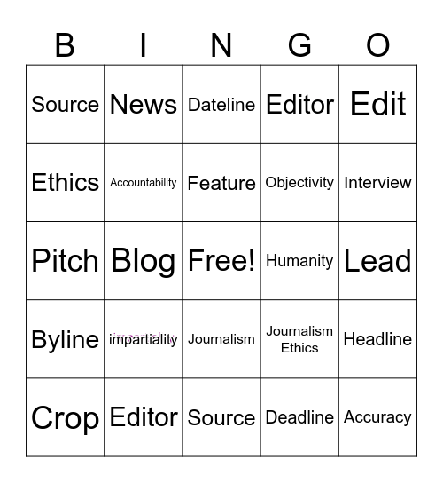 Journalism Ethics Review Bingo Card