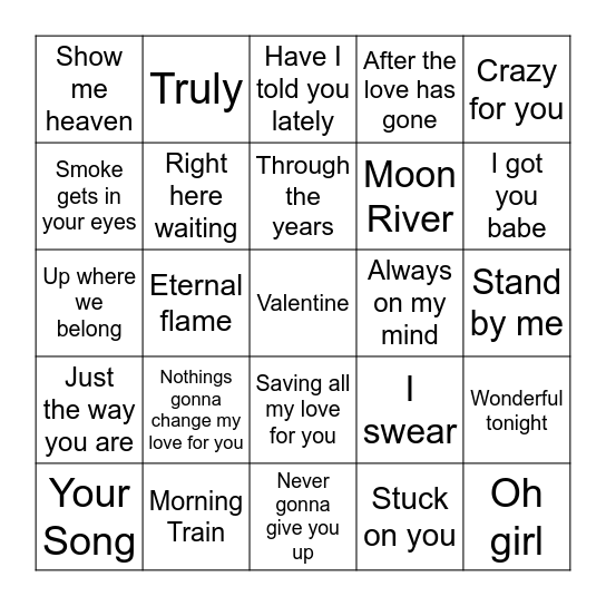 Valentine Bingo Songs Bingo Card