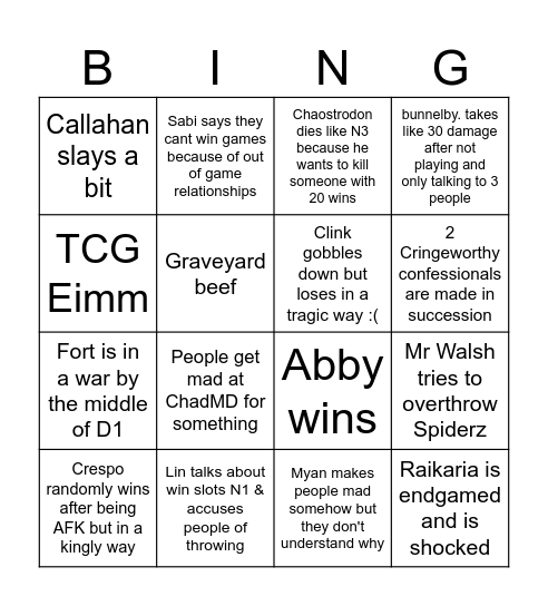 TCG Eimm Bingo Card