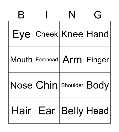 Body and Face Bingo Card