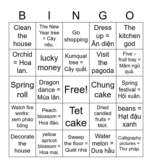 TET HOLIDAY Bingo Card