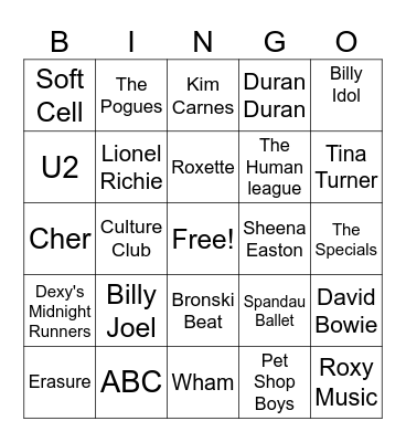 80's music Bingo Card