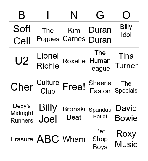 80's music Bingo Card