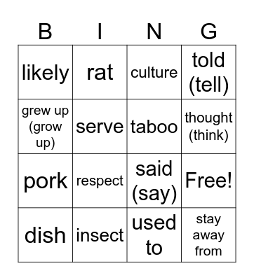 Taboo Food Bingo Card