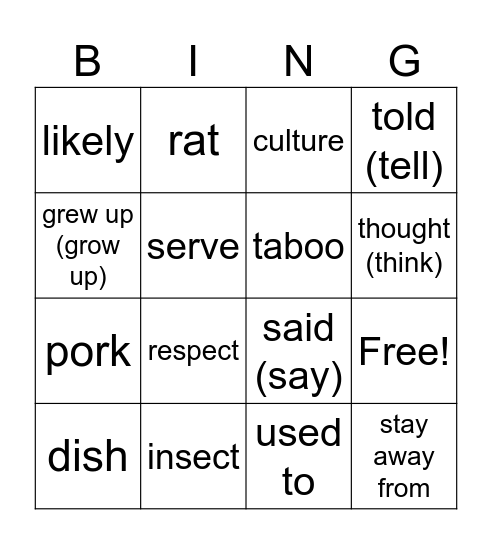 Taboo Food Bingo Card