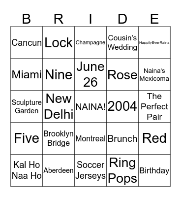 Naina's Bridal Shower Bingo Card