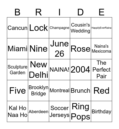Naina's Bridal Shower Bingo Card