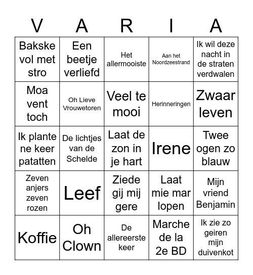 vARIA Bingo Card