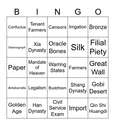 Ancient China Bingo Card