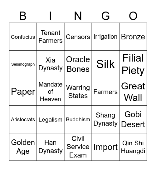 Ancient China Bingo Card