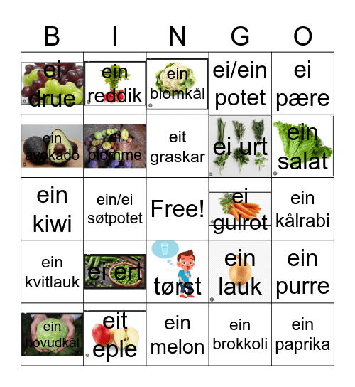 Frukt og grønt nynorsk Bingo Card