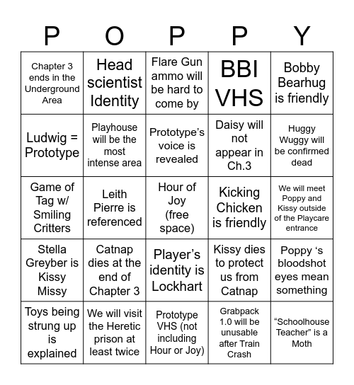 Poppy Playtime Chapter 3 Bingo Card