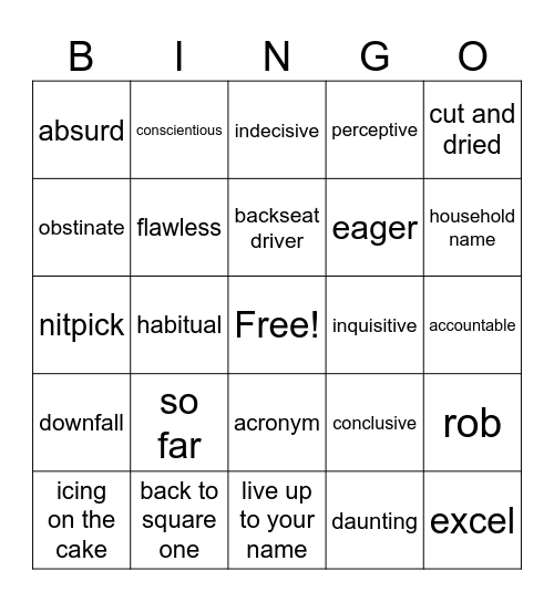 Vocabulary Bingo 1 Bingo Card