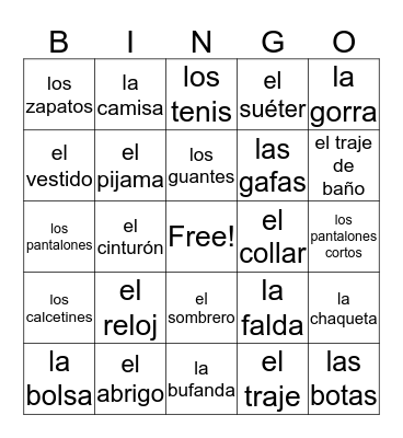 La Ropa Bingo Card