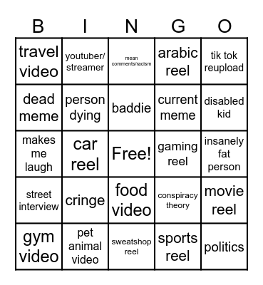 Instagram reel bingo Card