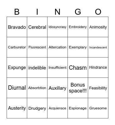 Vocabulary Bingo Card