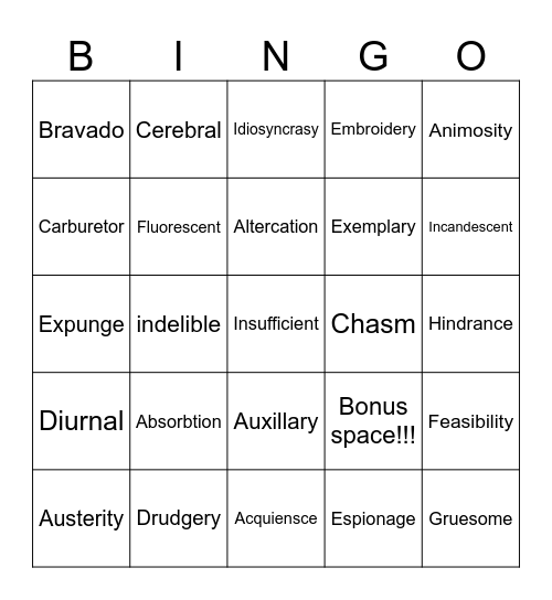 Vocabulary Bingo Card