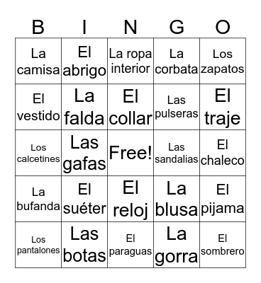 Spanish Bingo Card