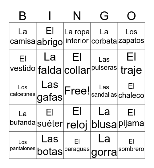 Spanish Bingo Card