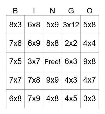 Multiplication Facts Bingo Card