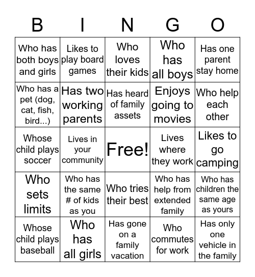 Families Matter Bingo Card