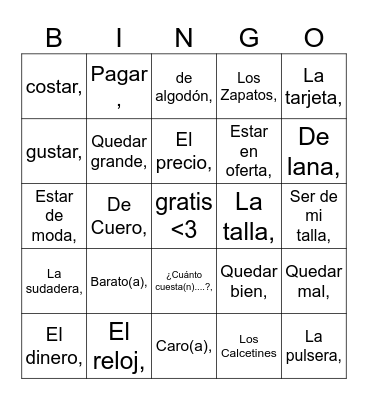 Vocabulario Para Describir Ropa Bingo Card