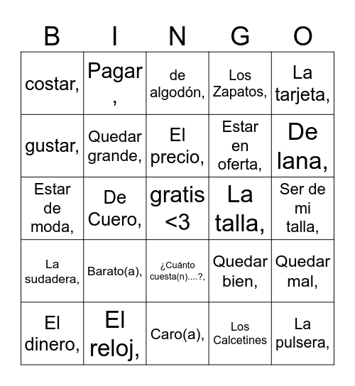 Vocabulario Para Describir Ropa Bingo Card